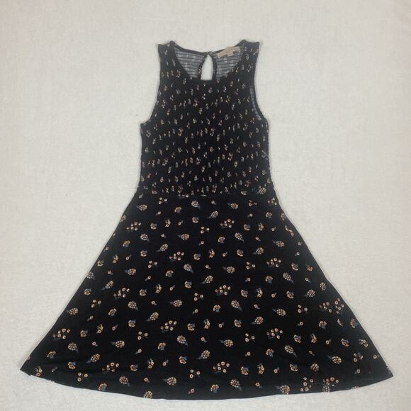 LOFT Dresses & Skirts - Loft Smocked Bodice Flare Boho Cottagecore Rayon Black Floral Dress Size 2